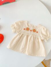 Baby Girl Embroideried Front Square Collar Short Sleeved Dress Top Combo Short Pants In Sets Summer Wearing-03