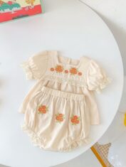 Baby Girl Embroideried Front Square Collar Short Sleeved Dress Top Combo Short Pants In Sets Summer Wearing-06